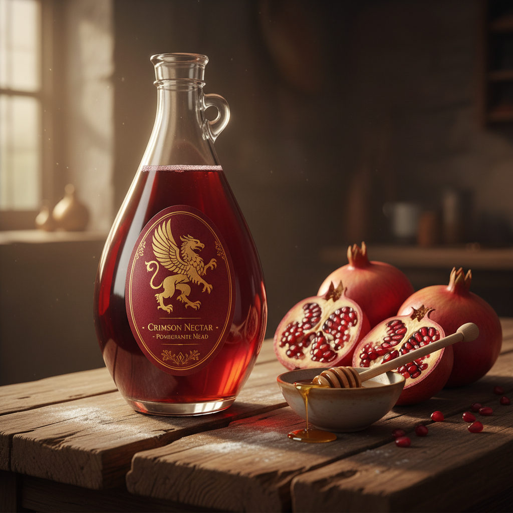 Bottle of EAV Pomegranate Mead with fresh pomegranates and honey on a rustic wooden surface